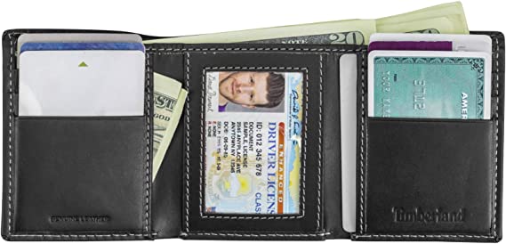 Timberland D87221 Men's Leather Trifold Wallet with Id Window - Black Cloudy - 3alababak