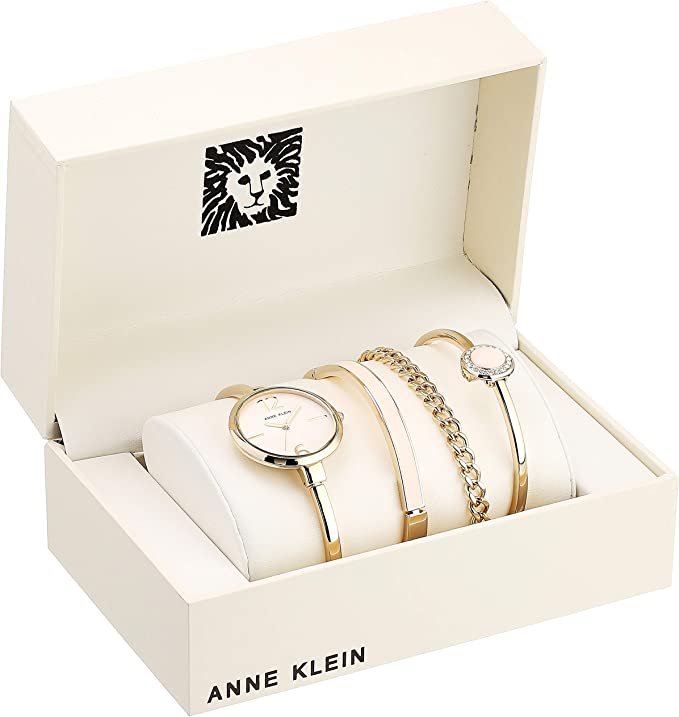 Anne Klein Women's AK/3290LPST Gold-Tone Bangle Watch and Swarovski Crystal Accented Bracelet Set - 3alababak