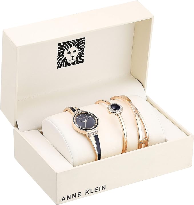 Anne Klein Women's AK/3292NVST Swarovski Crystal Accented Watch and Bangle Set Gold/Navy Blue