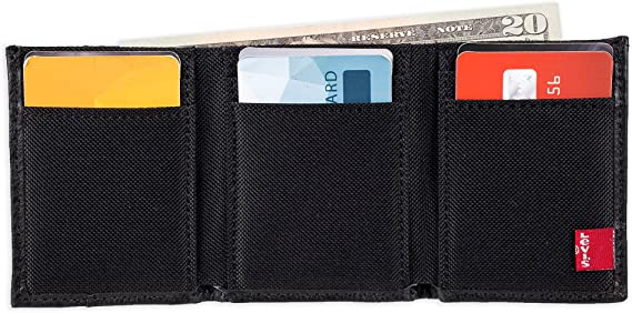 Levi's Trifold Wallet-Sleek and Slim Includes Id Window and Credit Card Holder, Black Stitch - 3alababak