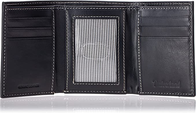 Timberland D87221 Men's Leather Trifold Wallet with Id Window - Black Cloudy - 3alababak