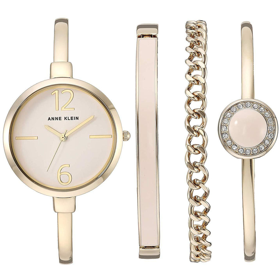 Anne Klein Women's AK/3290LPST Gold-Tone Bangle Watch and Swarovski Crystal Accented Bracelet Set - 3alababak
