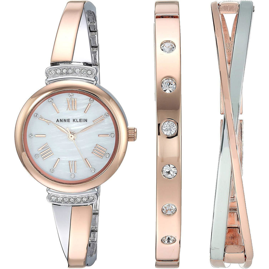 Anne Klein Women's AK/2245RTST Swarovski Crystal Accented Rose Gold-Tone and Silver-Tone Bangle Watch and Bracelet Set - 3alababak