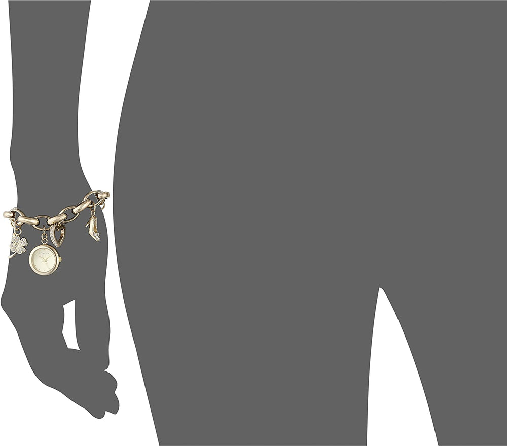 Anne Klein Women's Premium Crystal Accented Gold-Tone Charm Bracelet Watch, 10/7604CHRM - 3alababak