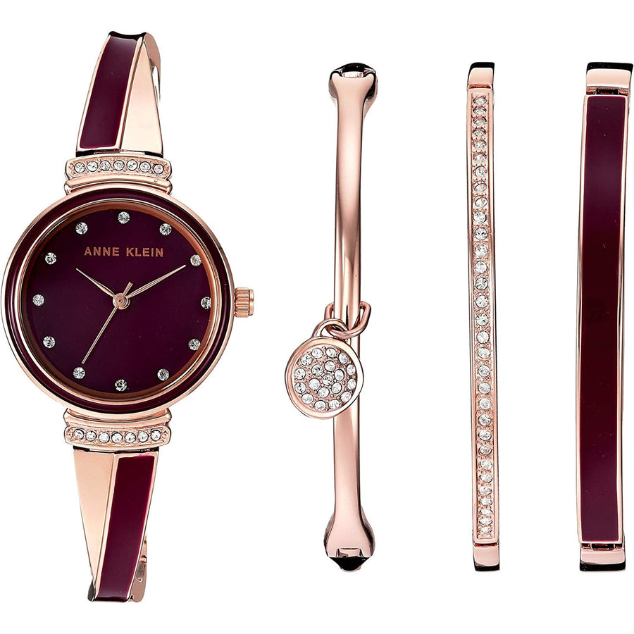 Anne Klein Women's AK/2716RBST Premium Crystal Accented Rose Gold-Tone and Burgundy Watch and Bangle Set - 3alababak