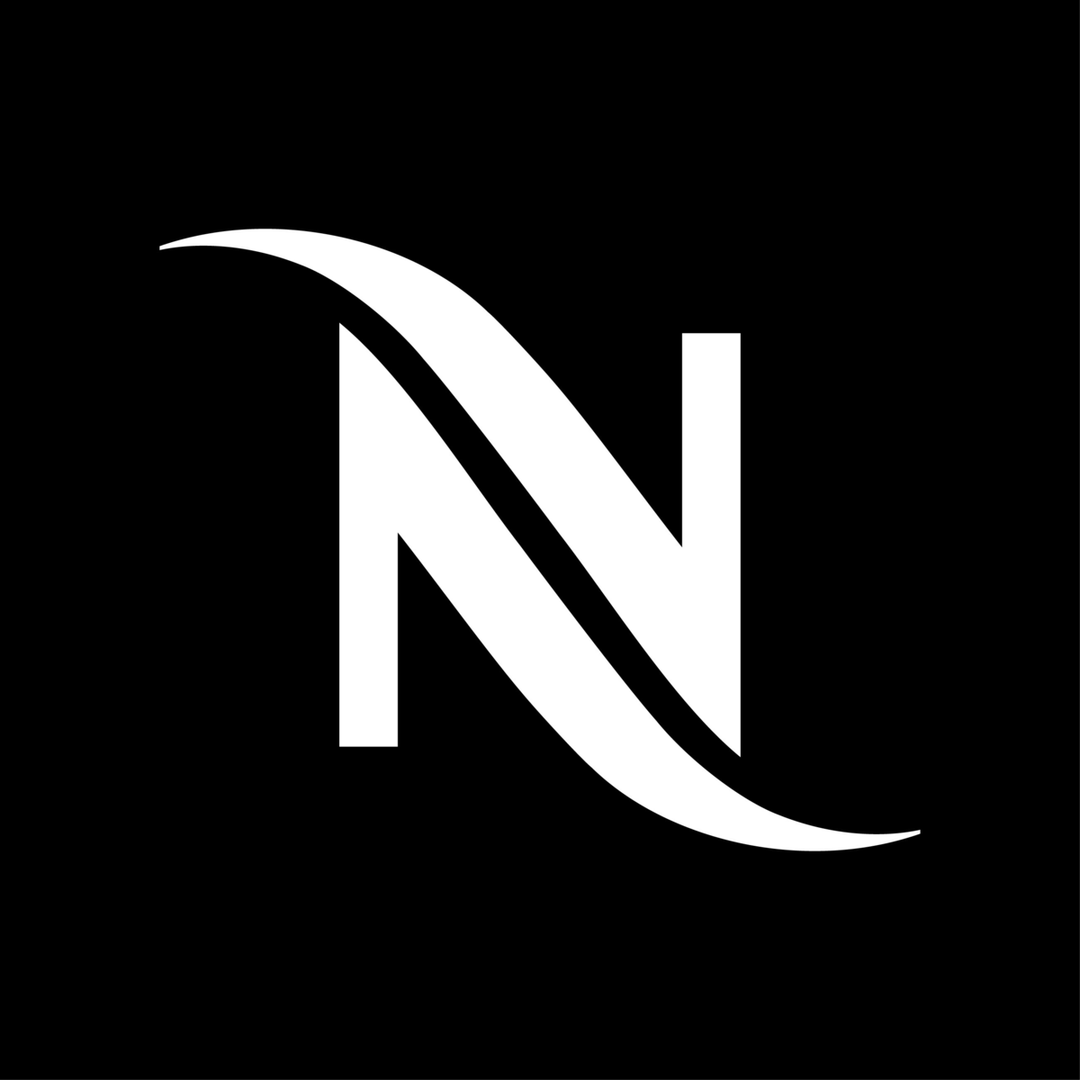 White stylized N letter monogram logo on a black background, modern branding icon