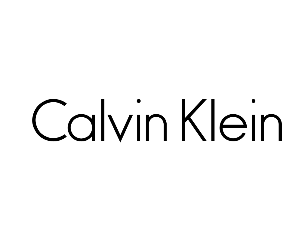 Calvin Klein logo in black text on white background, fashion brand logo