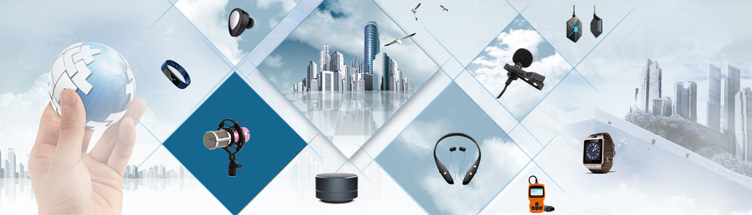 Assorted electronics and gadgets including headphones, smartwatch, microphone, and city skyline