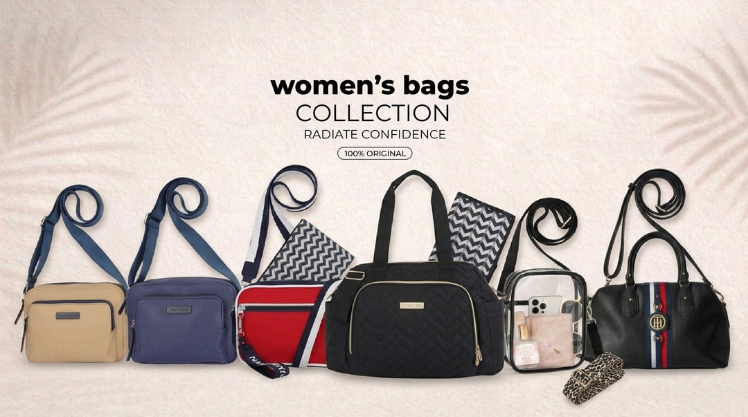 Women bags text in bold red on textured white background, fashion accessories category