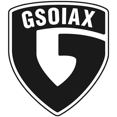 Black and white shield emblem with bold GSOIAX lettering, modern logo design