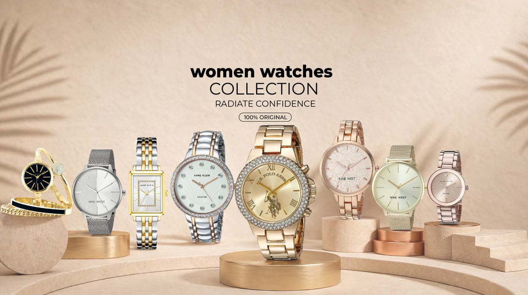Elegant women's watches collection featuring stylish metal bands, gold accents, and fashion accessories.