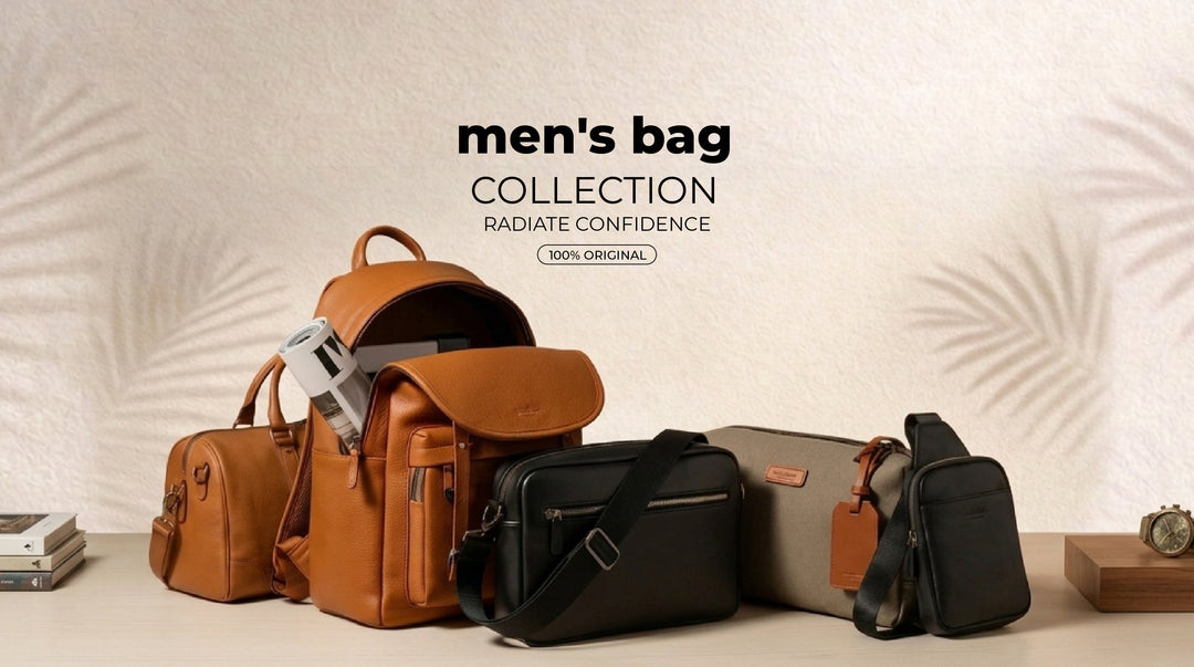 Leather backpack with newspaper, black crossbody bag, and beige travel pouch on wooden table