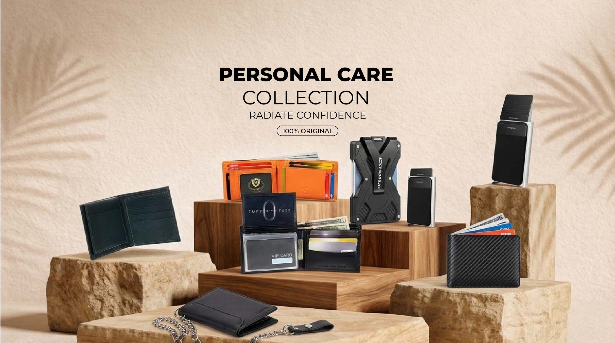 Men’s leather wallets collection with brown and black wallets on wooden desk, passport visible