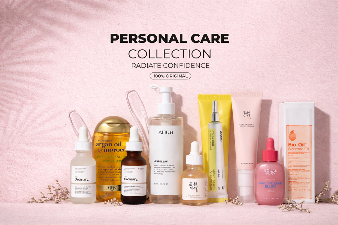 Personal care products on bathroom vanity, including skincare, eye mask, and scented bath soak.