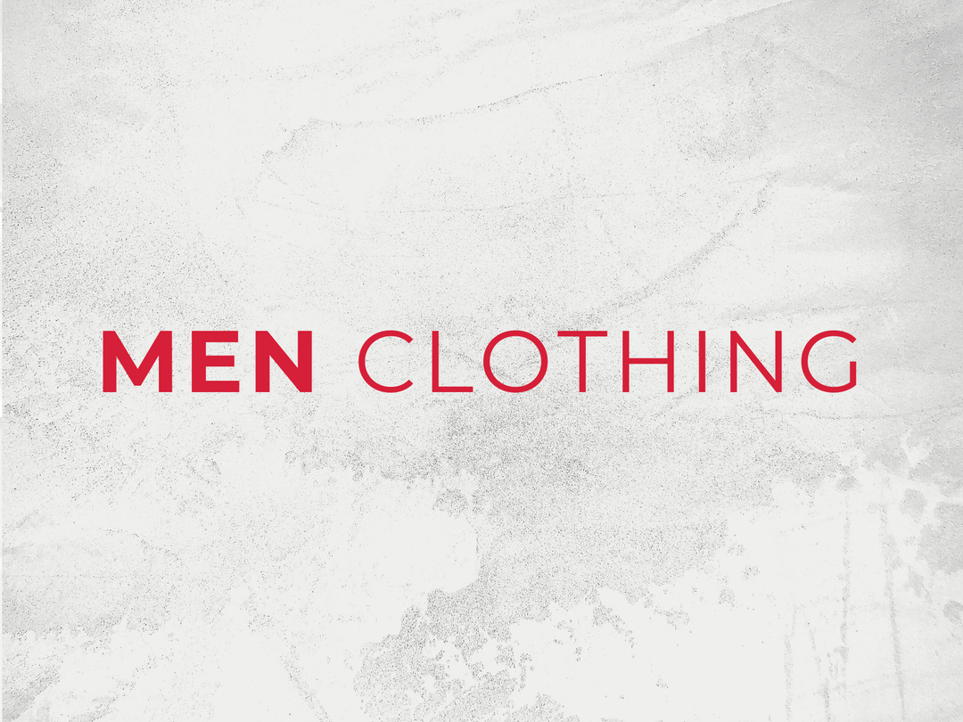 Men clothing banner with bold red text on a white textured background