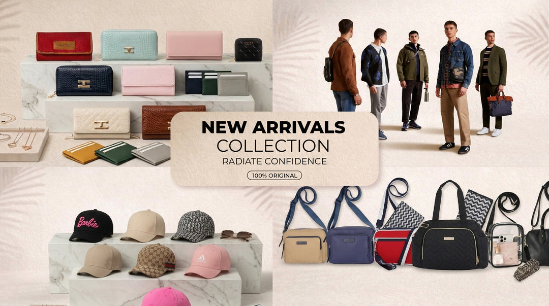 Collage of new arrival fashion clothing, wristwatches, and beauty products.