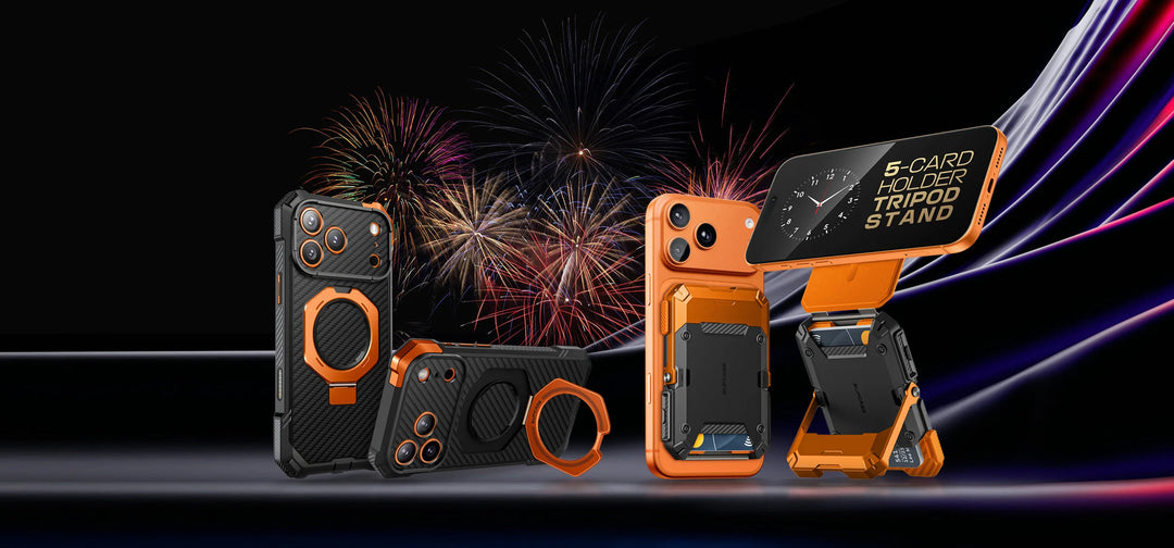 Rugged orange and black phone cases with card holders and stands, fireworks background