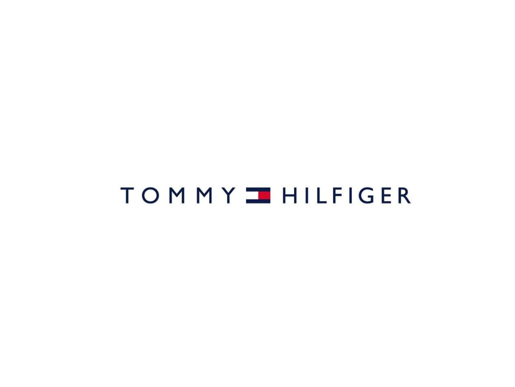Tommy Hilfiger logo with navy text and red, white, and blue flag on white background