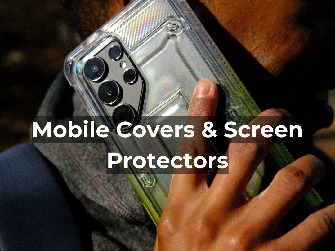 Person holding smartphone with a transparent protective case, text reads Mobile Covers & Screen Protectors