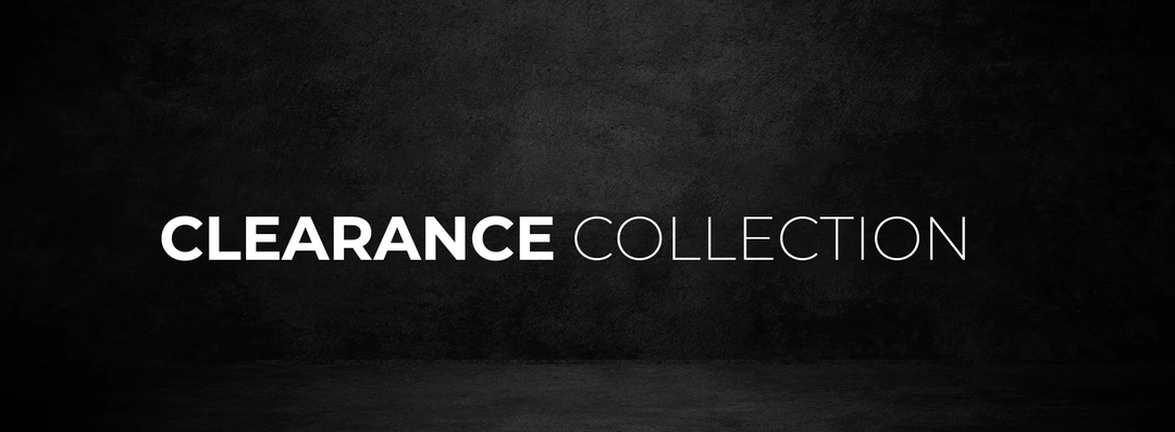 Clearance collection banner with bold white text on a dark textured background, online shopping sale