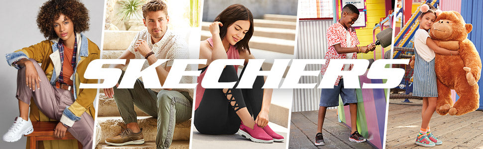 Collage of diverse people wearing Skechers shoes, showcasing casual, athletic, and kid's footwear styles.