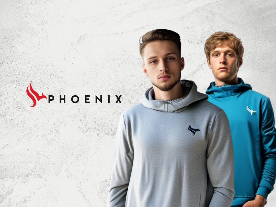 Men wearing grey and blue hoodies with phoenix logo, modern fashion apparel on light background