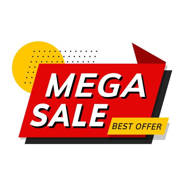 Mega sale best offer banner with bold text, geometric shapes, and modern colors on white background
