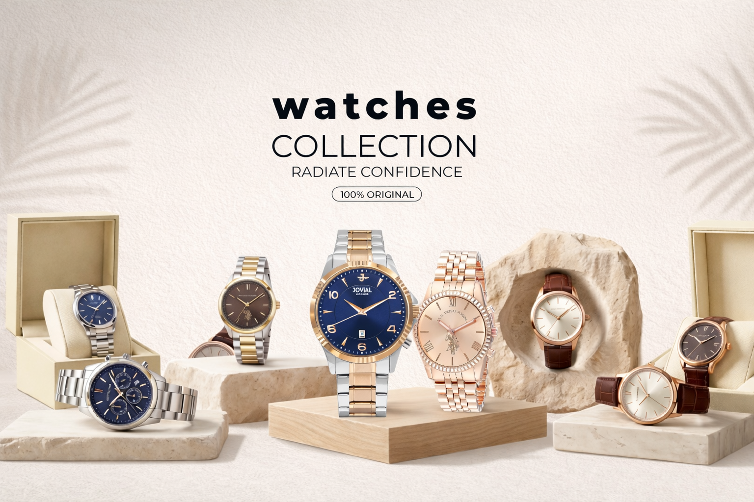 Elegant men's watches collection with metal and leather bands on display in a modern store