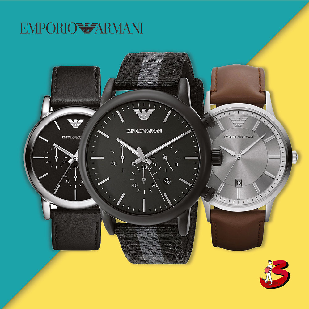 Emporio Armani men's fashion watches with black and brown straps on colorful background