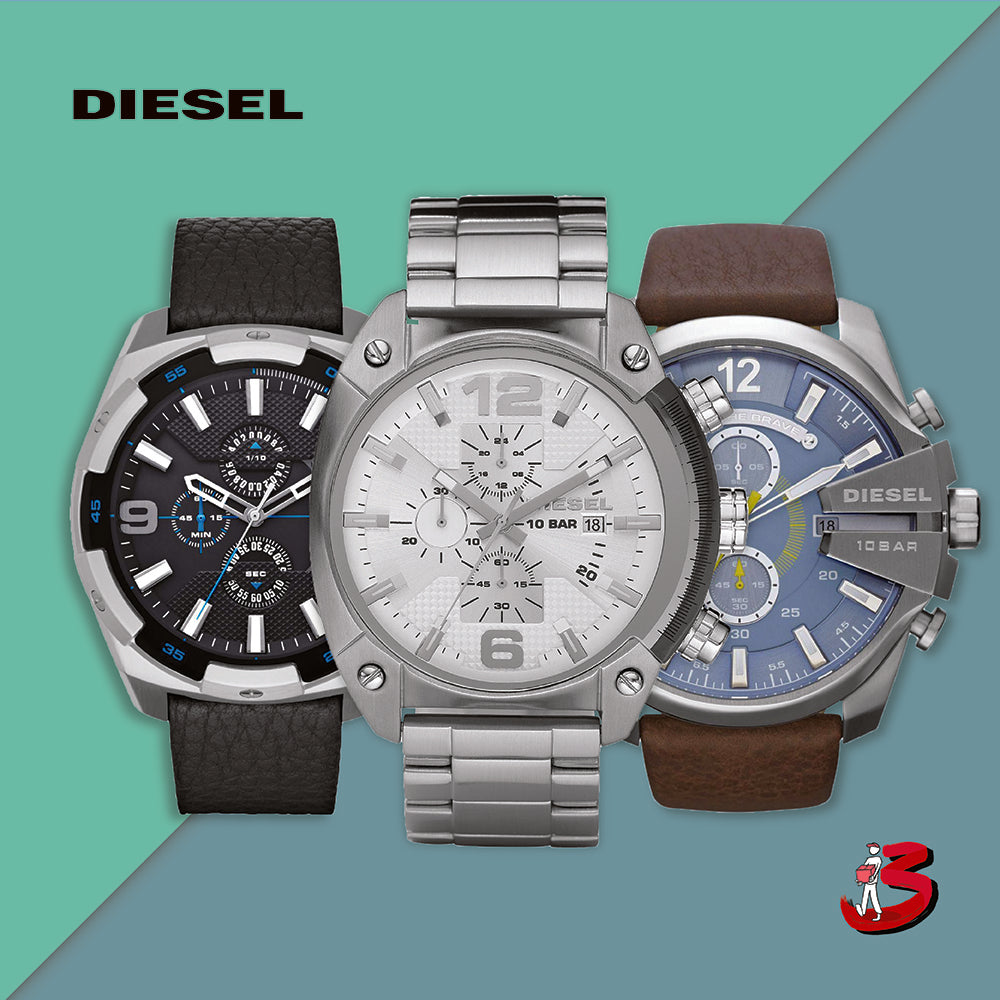 Three Diesel men's chronograph watches with different bands and dials on a blue background