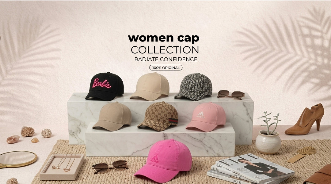 Fashionable women’s caps in various colors and styles with sunglasses and jewelry displayed on marble stands.