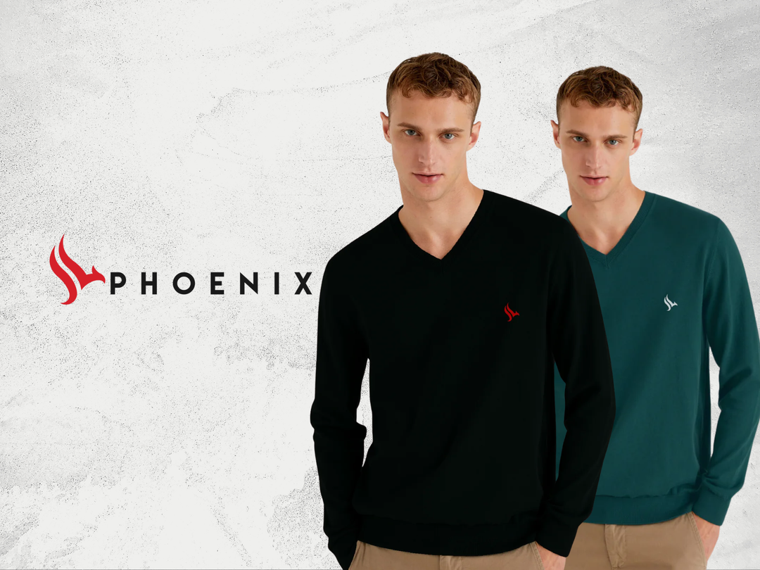 Men wearing V-neck sweaters in black and teal, Phoenix logo in background, fashion clothing