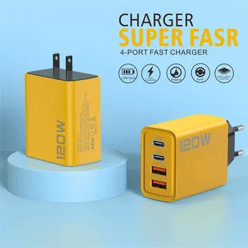 4 Ports USB C PD Charger Quick Charge 3.0 Type C USB Phone Chargers Fast Charging 120 watt Adapter For iPhone 16 15  iPad Samsung Xiaomi Huawei