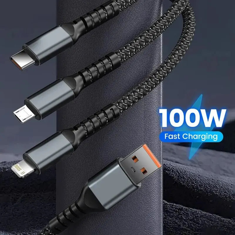 3-in-1 100W 5A Fast Charging USB To Type-C Micro Fast Charger Cable