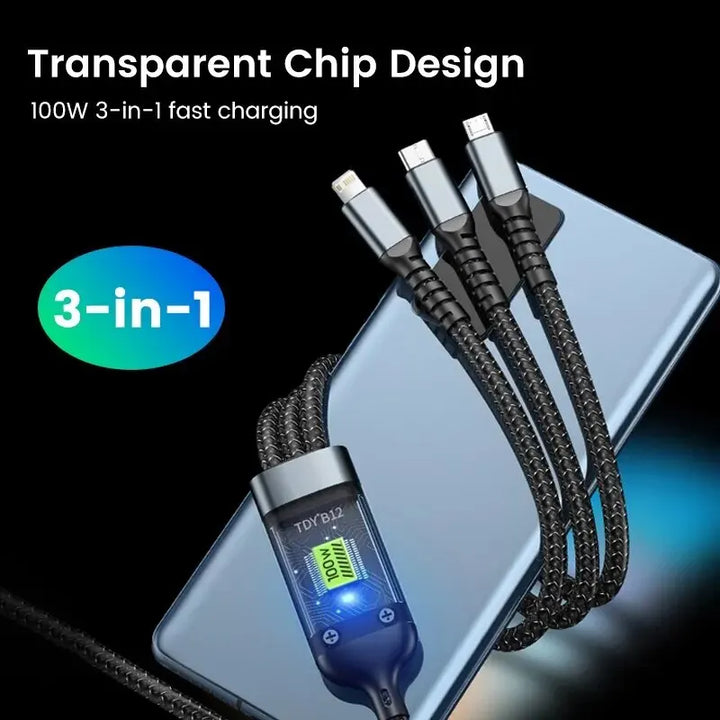 3-in-1 100W 5A Fast Charging USB To Type-C Micro Fast Charger Cable