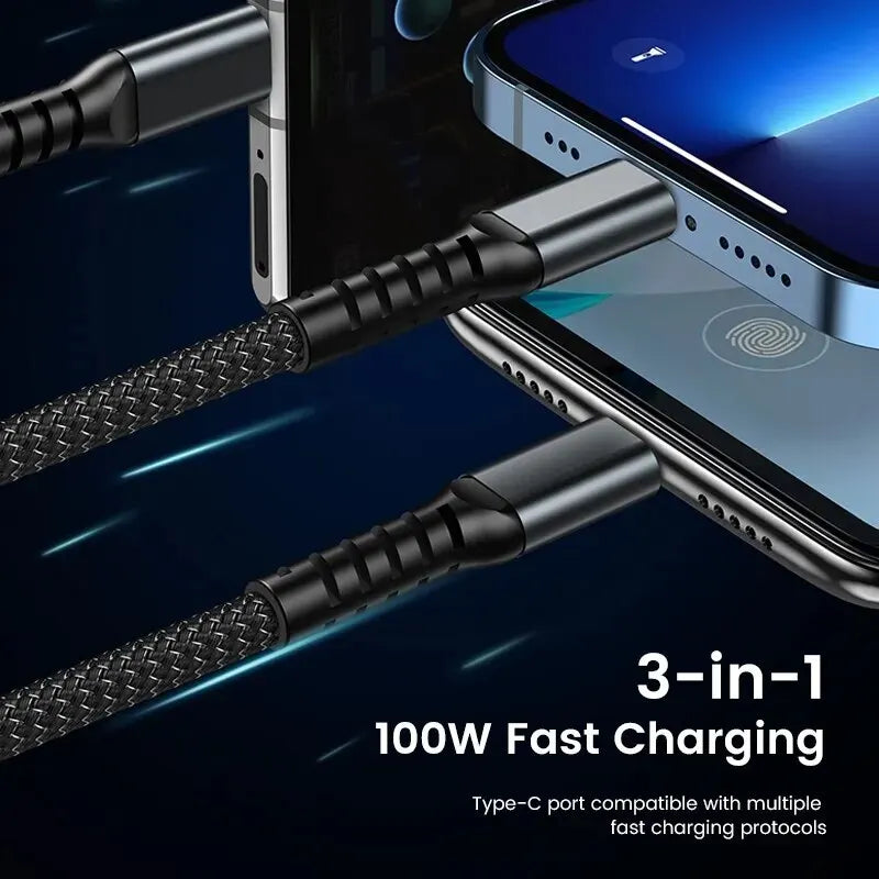 3-in-1 100W 5A Fast Charging USB To Type-C Micro Fast Charger Cable