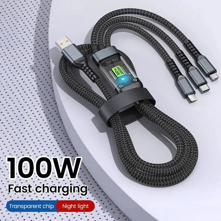 3-in-1 100W 5A Fast Charging USB To Type-C Micro Fast Charger Cable