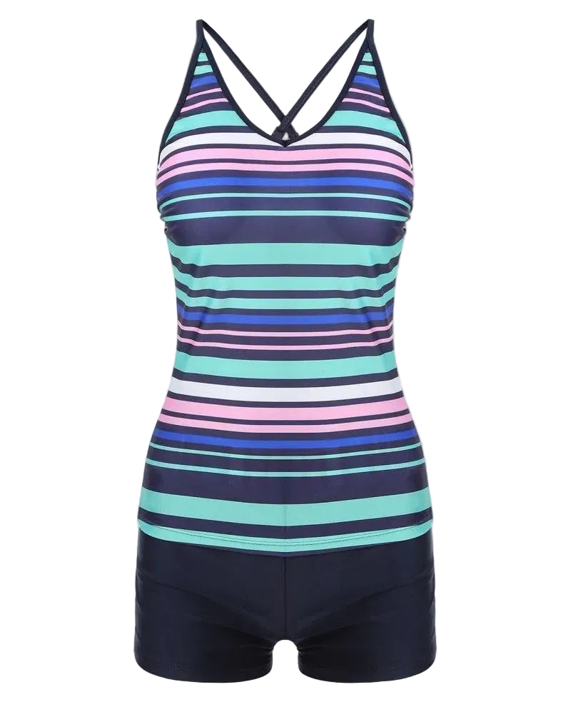 Tempt Me Women’s Striped Tankini Swimsuit with Fitted Swim Shorts - Medium