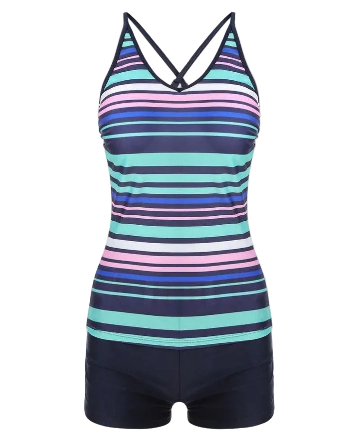 Tempt Me Women’s Striped Tankini Swimsuit with Fitted Swim Shorts - Medium