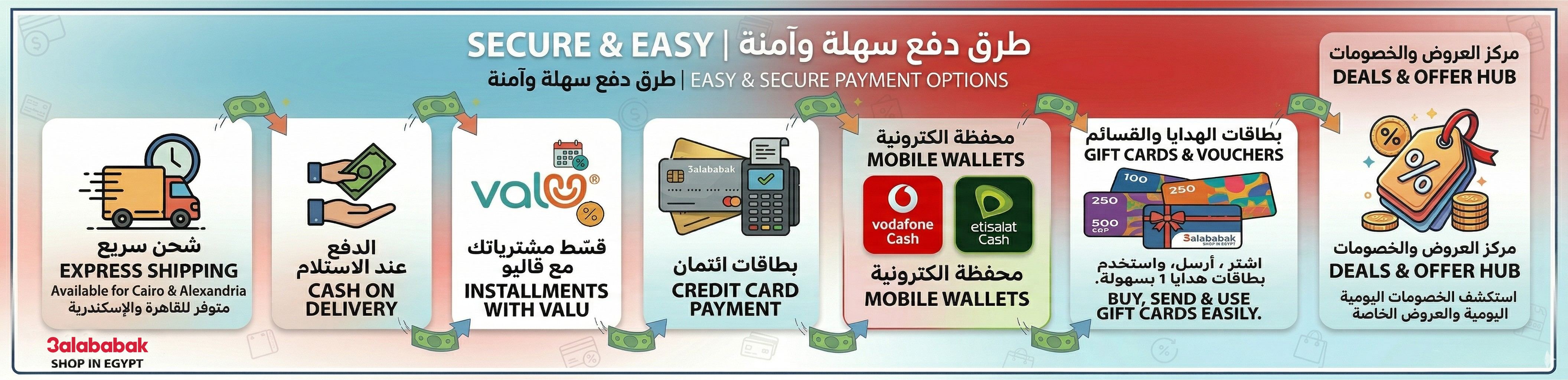Promotional graphic for secure and easy payment options with various payment methods displayed.