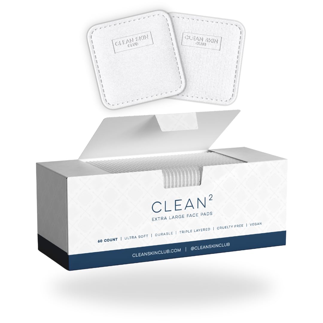 Clean Skin Club Clean² Pads 2.0 [NEW & IMPROVED EDGES] Guaranteed Not to Shed & Tear Face Pads, Unique Triple Layers, Textured & Ultra Soft Side, Organic Disposable Cotton, Pair with Makeup Remover - 60 Count