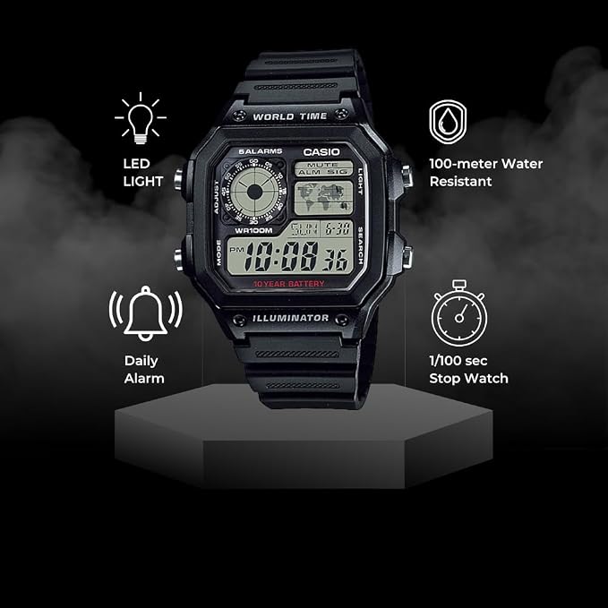 Casio AE-1200WH-1BVDF Series | Men’s Digital Watch | 100M WR | Multi Alarms | 100 SEC Stopwatch | Countdown Timer | World Map for World Time | LED Light | LC Analog Display | 10 Year Battery