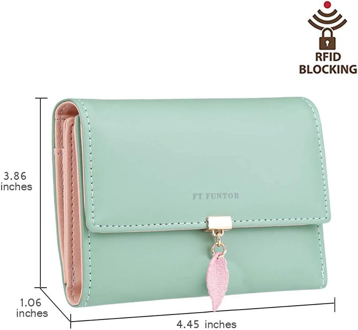 FT FUNTOR RFID Wallets for Women, Leaf Card Holder Trifold Ladies Wallets Coins Zipper Pocket with ID Window