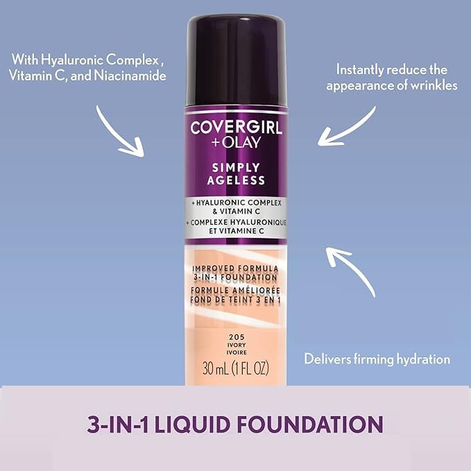 COVERGIRL &amp; Olay Simply Ageless 3-in-1 Liquid Foundation, Matte Finish, Hyaluronic &amp; Vitamin C Formula