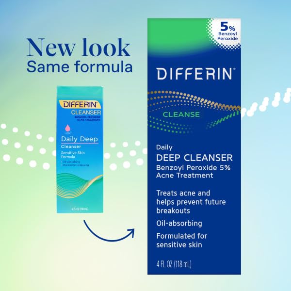 Differin Acne Face Wash with 5% Benzoyl Peroxide, Daily Deep Cleanser by the makers of Differin Gel, Gentle Skin Care for Acne Prone Sensitive Skin, 4 oz (Packaging May Vary)