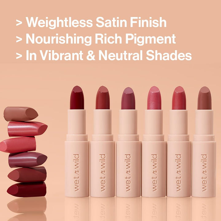 wet n wild Mega Last Rich Satin Lip Color, Rich Creamy Color with Satin Finish, Infused with Vitamin E &amp; Moisturizing Argan Oil, Lightweight, Silky-Smooth, Vegan &amp; Cruelty-Free