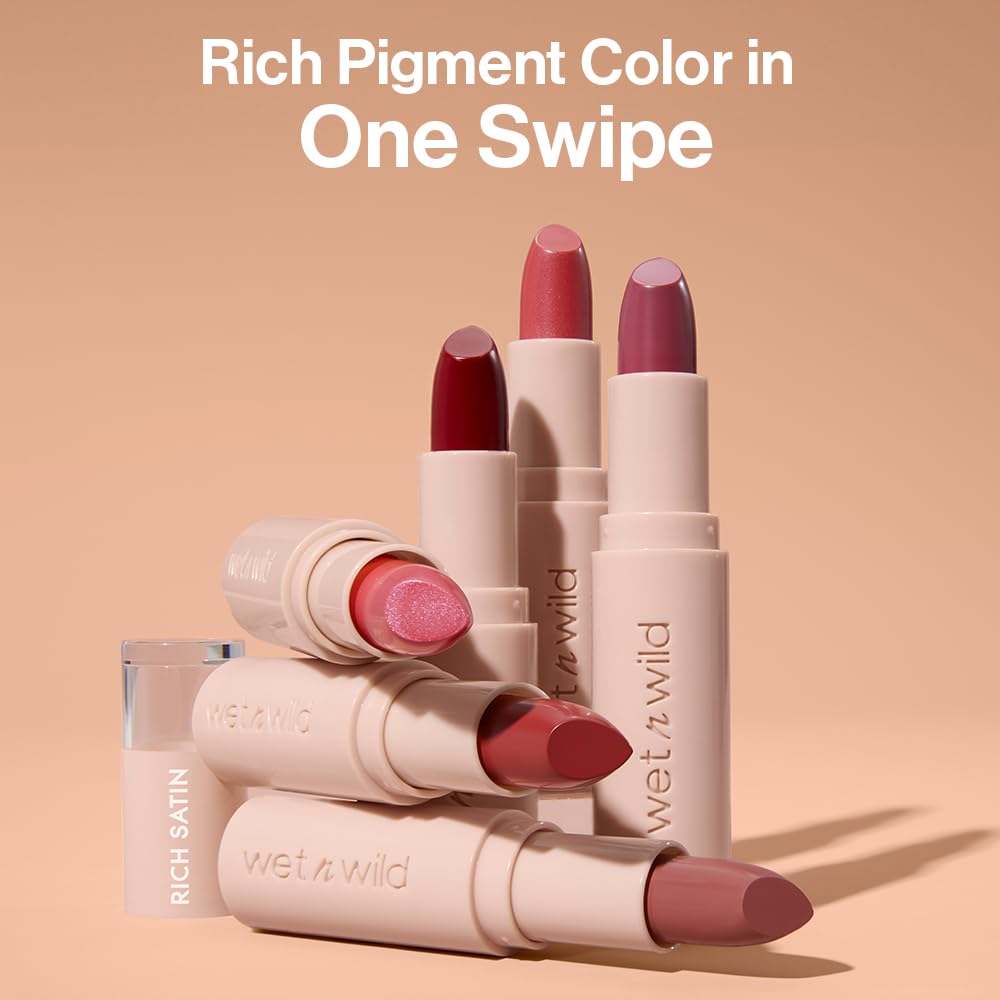 wet n wild Mega Last Rich Satin Lip Color, Rich Creamy Color with Satin Finish, Infused with Vitamin E &amp; Moisturizing Argan Oil, Lightweight, Silky-Smooth, Vegan &amp; Cruelty-Free
