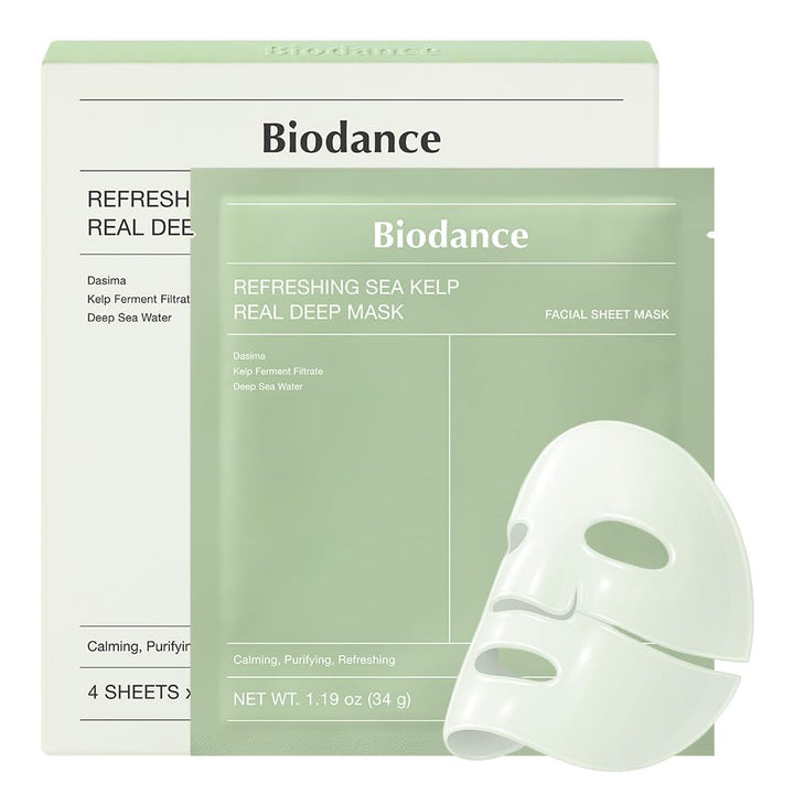 BIODANCE Refreshing Sea kelp Real Deep Mask, Overnight Hydrogel Face Mask, Calming, Oil &amp; Sebum Control, Blemish Care, After Sun Care, Sunburn Relief, Korean Skin Care | 1.19oz(34g) x 4ea