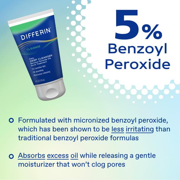 Differin Acne Face Wash with 5% Benzoyl Peroxide, Daily Deep Cleanser by the makers of Differin Gel, Gentle Skin Care for Acne Prone Sensitive Skin, 4 oz (Packaging May Vary)