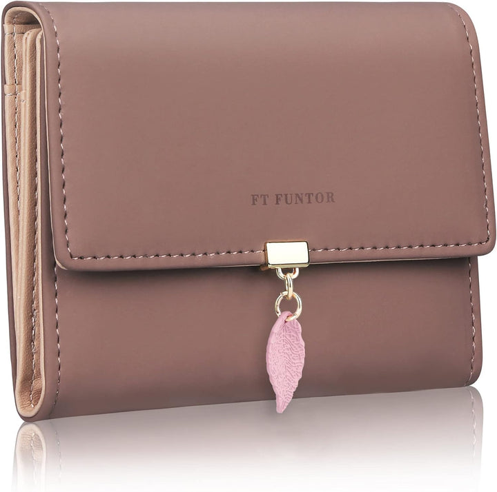 FT FUNTOR RFID Wallets for Women, Leaf Card Holder Trifold Ladies Wallets Coins Zipper Pocket with ID Window